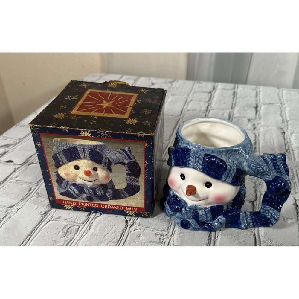 Holiday Workshop Vintage Snowman Ceramic Mug Christmas Blue Knit Hat and Scarf